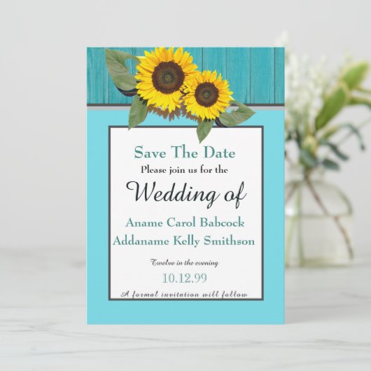 Rustikale Hochzeitssonnenblume Aquamarin Grau-Holz Save The Date (Stehend Vorderseite)