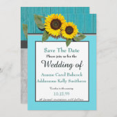 Rustikale Hochzeitssonnenblume Aquamarin Grau-Holz Save The Date (Vorne/Hinten)