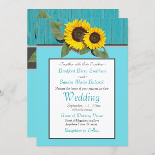 Rustikale Hochzeitssonnenblume Aquamariner Holzgra Einladung