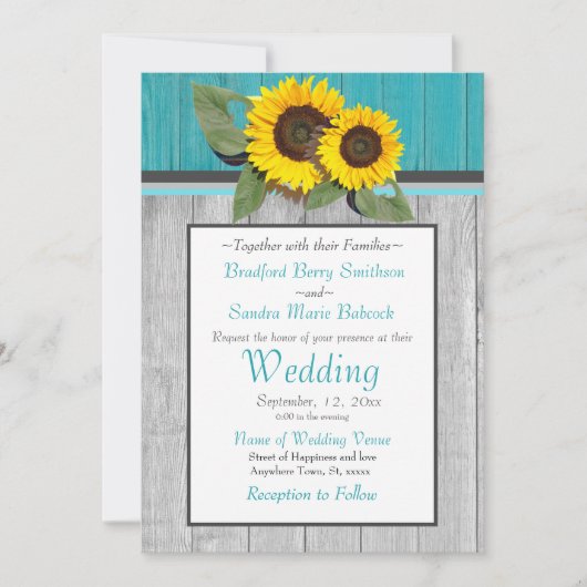 Rustikale Hochzeitssonnenblume Aquamariner Holzgra Einladung (Vorderseite)