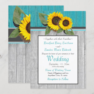Rustikale Hochzeitssonnenblume Aquamariner Holzgra Einladung