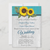 Rustikale Hochzeitssonnenblume Aquamariner Holzgra Einladung (Vorderseite)
