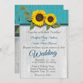 Rustikale Hochzeitssonnenblume Aquamariner Holzgra Einladung (Vorne/Hinten)