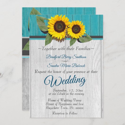 Rustikale Hochzeitssonnenblume Aquamariner Holzgra Einladung (Vorne/Hinten)
