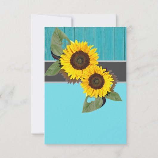 Rustikale Hochzeitssonnenblume Aquamariner Holzgra Einladung (Rückseite)