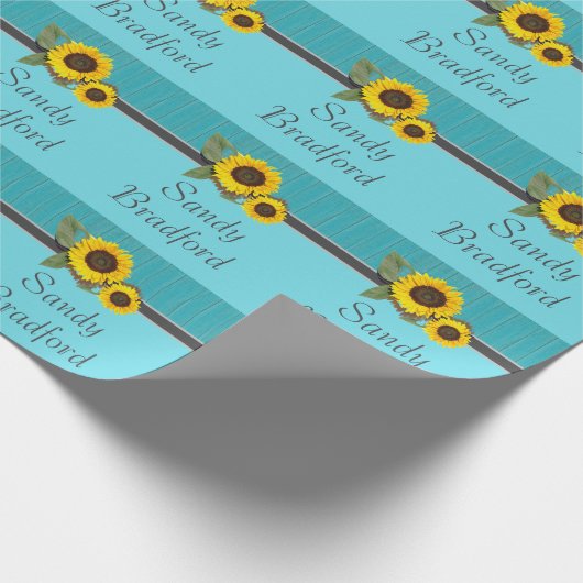 Rustikale Hochzeitssonnenblume Aquamariner Holzgra Geschenkpapier (Ecke)
