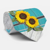 Rustikale Hochzeitssonnenblume Aquamariner Holzgra Krawatte (Gerollt)