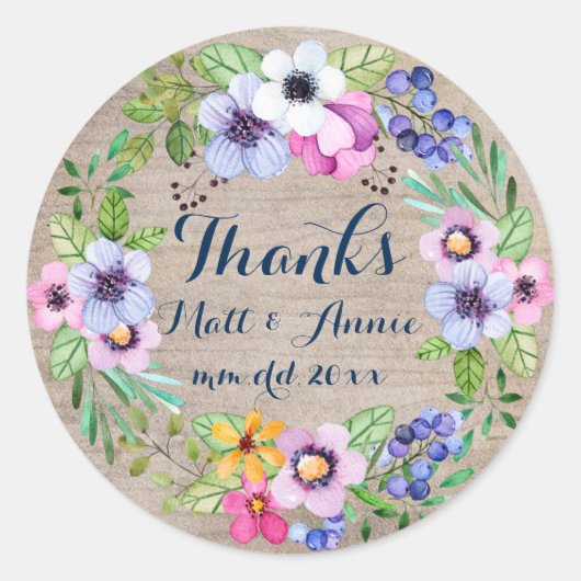 Rustikale Hochzeitssticker Wasserfarben-Blume Runder Aufkleber (Vorderseite)