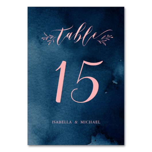 Rustikale Hochzeitsstiftung mit Navy-Blush-Kalligr Tischnummer (Rückseite)