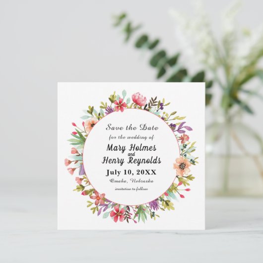 Rustikale Hochzeitungs-Wasserfarben-Wildblumen Save The Date (Stehend Vorderseite)