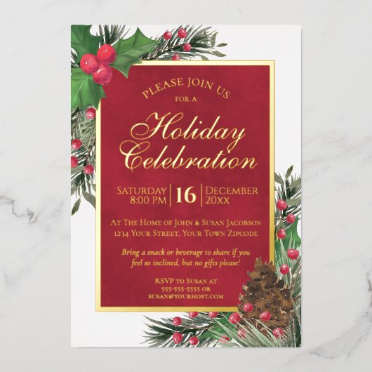 Rustikale Holly & Pine Elegante Festlichkeit Folieneinladung (Vorderseite)