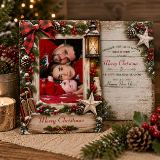 Rustikale Holly-Tannen-Familienfoto-Weihnachten | Feiertagskarte