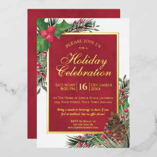 Rustikale Holly- und Kiefern-Eleganz zur Weihnacht Folieneinladung