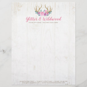 Rustikale Holz- & Aquarell-Blumen-Geweih Boutique Briefbogen