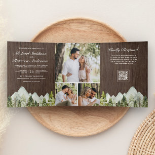 Rustikale Holz-Bergkiefernwald-QR-Code-Hochzeit Dreifach Gefaltete Einladung