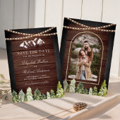 Rustikale Holz-Bergwald-Foto-Hochzeit Save The Date