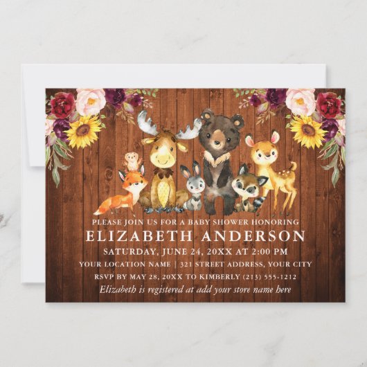 Rustikale Holz-Blume Holztierdusche Einladung (Vorderseite)