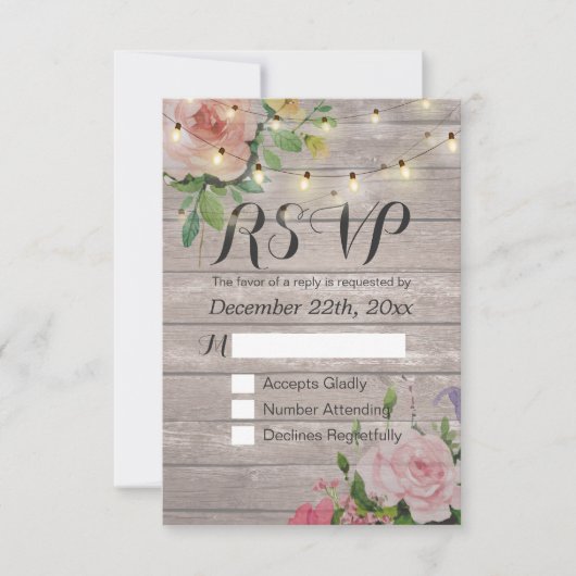 Rustikale Holz-Blumen-Lichterkette Hochzeit RSVP A Karte (Vorderseite)