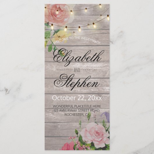Rustikale Holz-Blumen-Lichterkette Hochzeitsprogra Programm (Vorderseite)