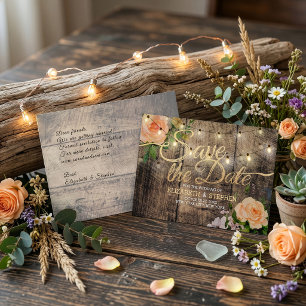 Rustikale Holz-Blumen-Lichterkette Save The Date Ankündigungspostkarte