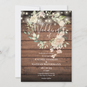 Rustikale Holz-Blumen-Lichterketten Hochzeit  Einladung