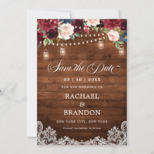 Rustikale Holz-Blumen-Mason-Glas-Save-the-Date Save The Date