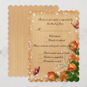 Rustikale Holz-Blumen-Schmetterling-Hochzeitsantwo Einladung