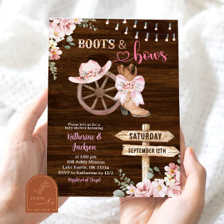 Rustikale Holz-Blumen-Stiefel-und-Schleifen-Baby-P Einladung