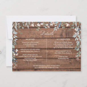 Rustikale Holz-Blumenkaskaden-Hochzeits-Detailkart Einladung