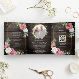 Rustikale Holz Boho Rosa Rosen Florale QR Code Hoc Dreifach Gefaltete Einladung