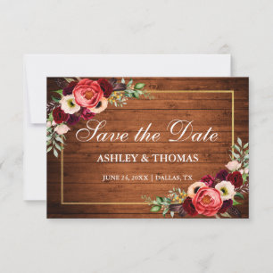 Rustikale Holz-Burgunder-Blumen-Boho-Rettet-das-Da Save The Date