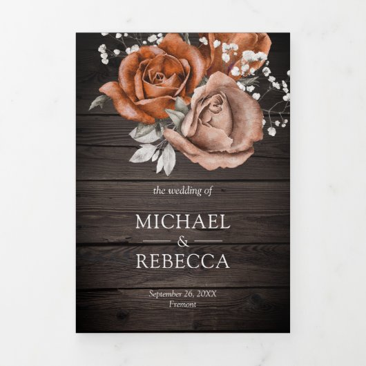 Rustikale Holz-Burnt Orange-Rose in einer Hochzeit Dreifach Gefaltete Einladung (Cover)