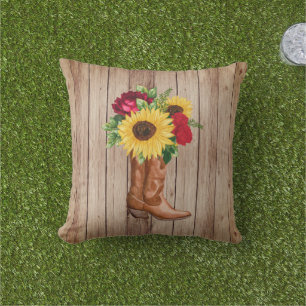 Rustikale Holz-Cowgirl-Stiefel Sonnenblumen Rot Ro Kissen