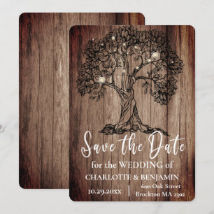 Rustikale Holz-Eiche und Lichterketten Hochzeit Save The Date