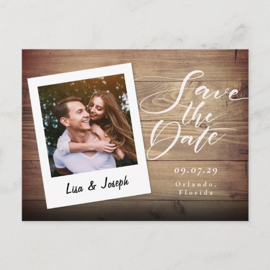Rustikale Holz-Foto-Schrift Save-the-Date-Karte Postkarte (Vorderseite)