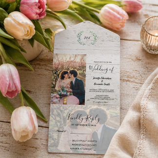 Rustikale Holz-Foto-Wasserfarben-Blätter Hochzeit All In One Einladung