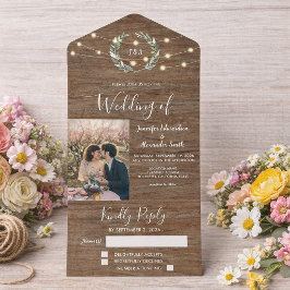 Rustikale Holz-Fotolichterkette Landhochzeit All In One Einladung