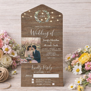 Rustikale Holz-Fotolichterkette Landhochzeit All In One Einladung