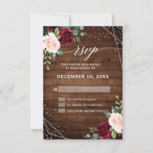 Rustikale Holz-Geometrie Burgunder Blumen RSVP Karte