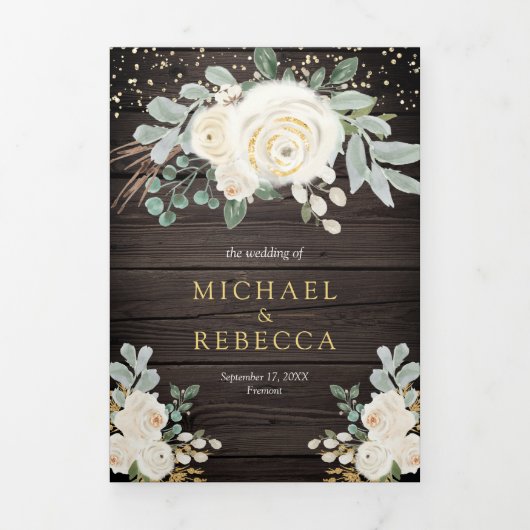 Rustikale Holz Grüne Gold Elfenbeinblütenhochzeit Dreifach Gefaltete Einladung (Cover)