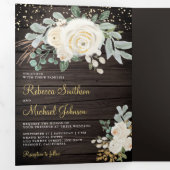 Rustikale Holz Grüne Gold Elfenbeinblütenhochzeit Dreifach Gefaltete Einladung (Innen Erste Seite)