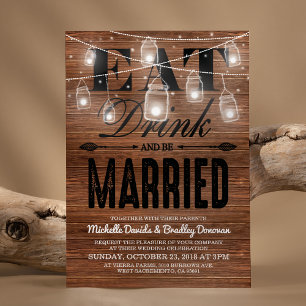 Rustikale Holz Hochzeit Essen Trinken und Heiraten Einladung