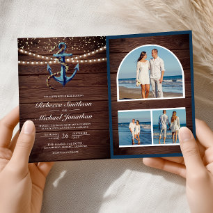 Rustikale Holz-Hochzeit mit Navy Blauem Anker-QR-C Einladung