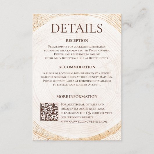 Rustikale Holz-Hochzeits-Details-Karte mit QR-Code Begleitkarte (Vorderseite)