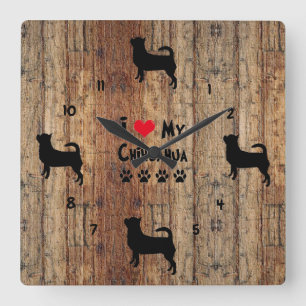 Rustikale Holz-Imitate Chihuahua Wall Clock Quadratische Wanduhr