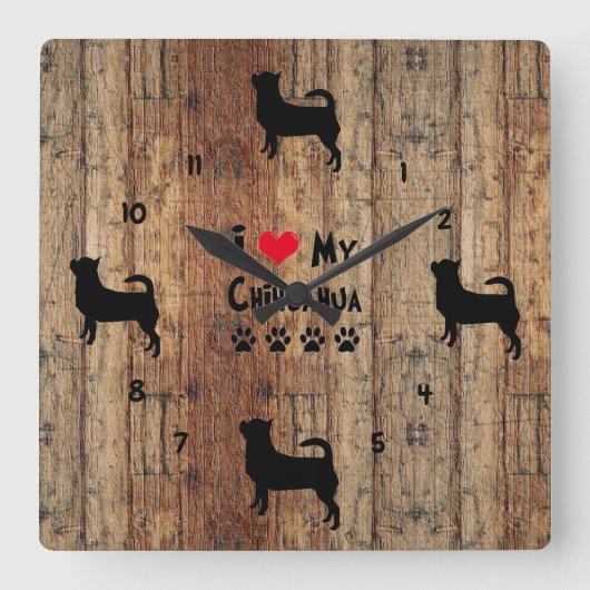 Rustikale Holz-Imitate Chihuahua Wall Clock Quadratische Wanduhr (Vorderseite)