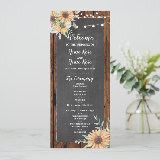 Rustikale Holz-Kreide-Sonnenblumen-Hochzeitsprogra Programm (Stehend Vorderseite)