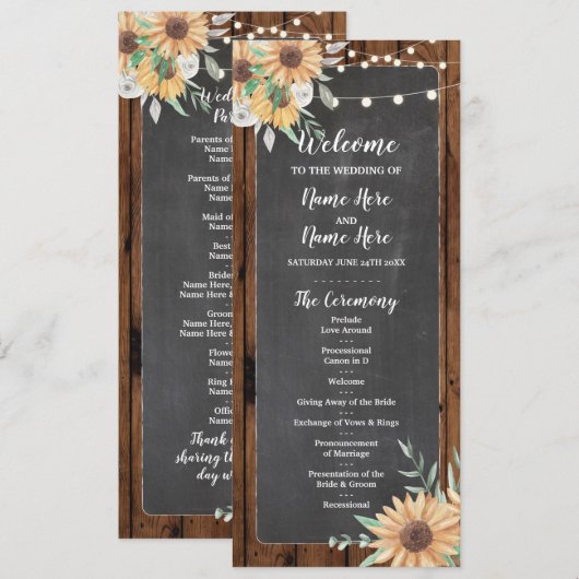 Rustikale Holz-Kreide-Sonnenblumen-Hochzeitsprogra Programm (Vorne/Hinten)