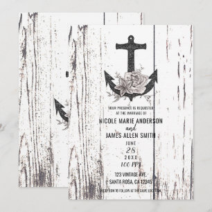 Rustikale Holz-Küstenstrand-Anker-Hochzeit Einladung