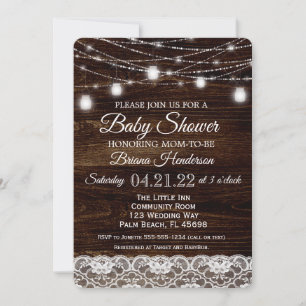 Rustikale Holz-Lace-Mason-Glas-Lichter Baby Shower Einladung